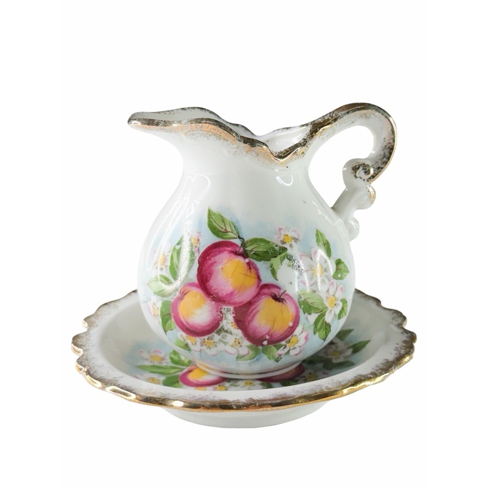 Vintage Hand Painted Creamer Underplate Set Pink Apples Gold Trim Porcelain EUC - Picture 2 of 13